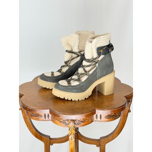 Dolce Vita Sherpa Lined Lace Up Gray/Brown Boot 3.5" Heel Womens 7.5 #0143C - Picture 3 of 12